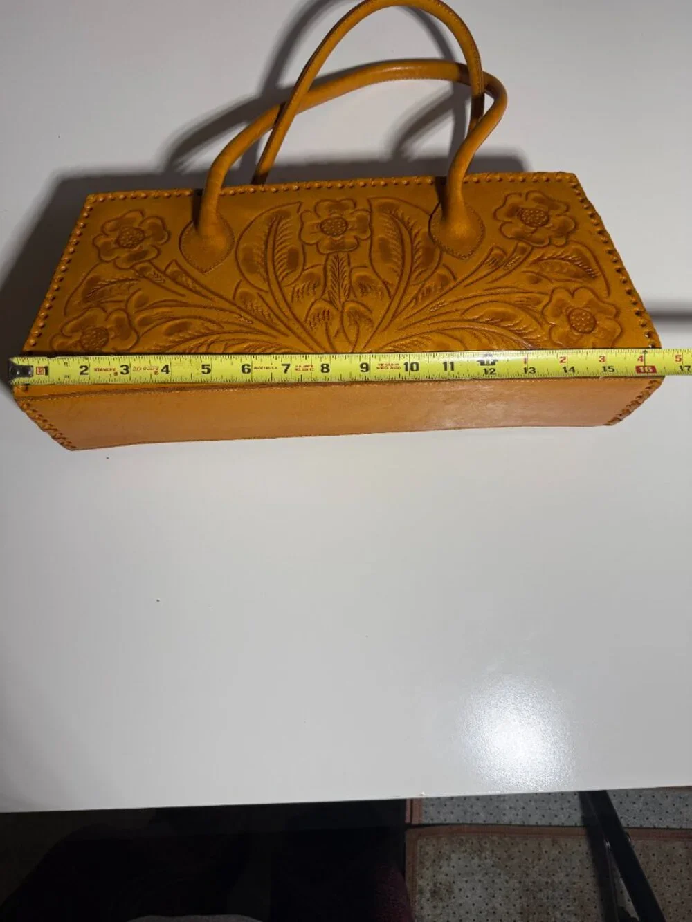 Alexis David Yellow Tooled Embossed Leather Handbag Purse Large Whipstitch NEW